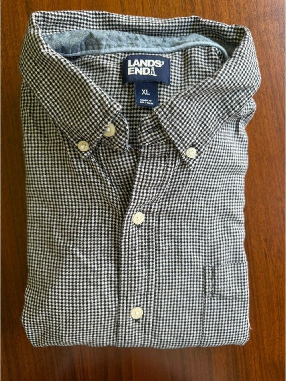 Lands' End Men's Navy and White Houndstooth Button-Down Shirt - Size XL